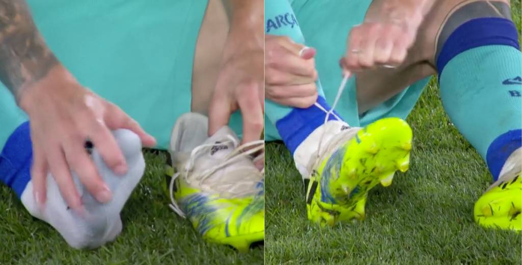 Tiembla Adidas: Messi se tuvo que sacar las botas en pleno partido