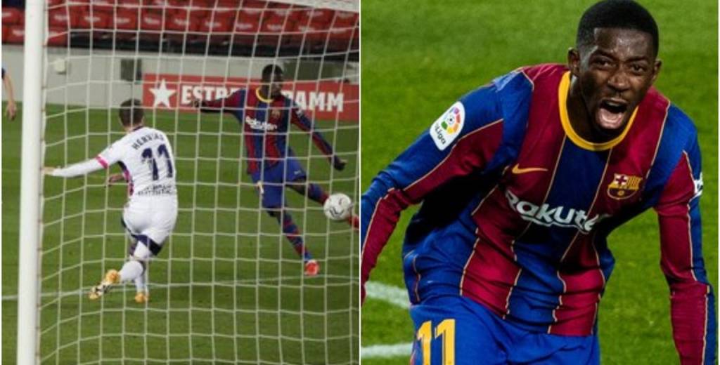 La reacción de Messi con Dembélé en el gol