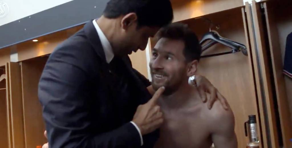El jeque del PSG fue derecho a abrazar a Messi en el vestuario del PSG