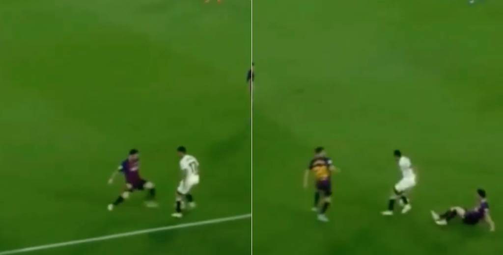 Messi salió a marcarlo, lo pasó y lo dejó sentado en el piso